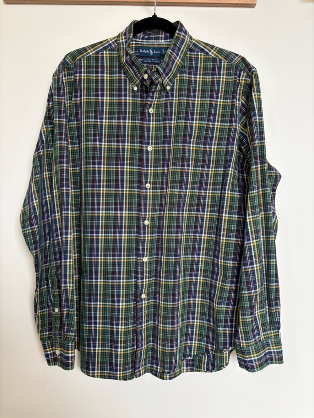 Ralph Lauren Plaid Button Down Shirt, Men’s XL Custom Fit, Green Blue Cotton